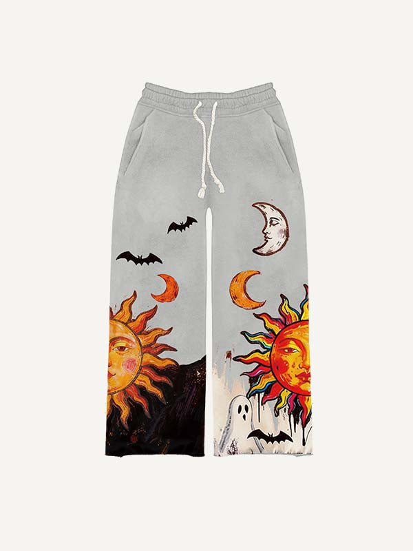 Sun&Moon&Ghost&Graphic Print Elastic Waist Pants