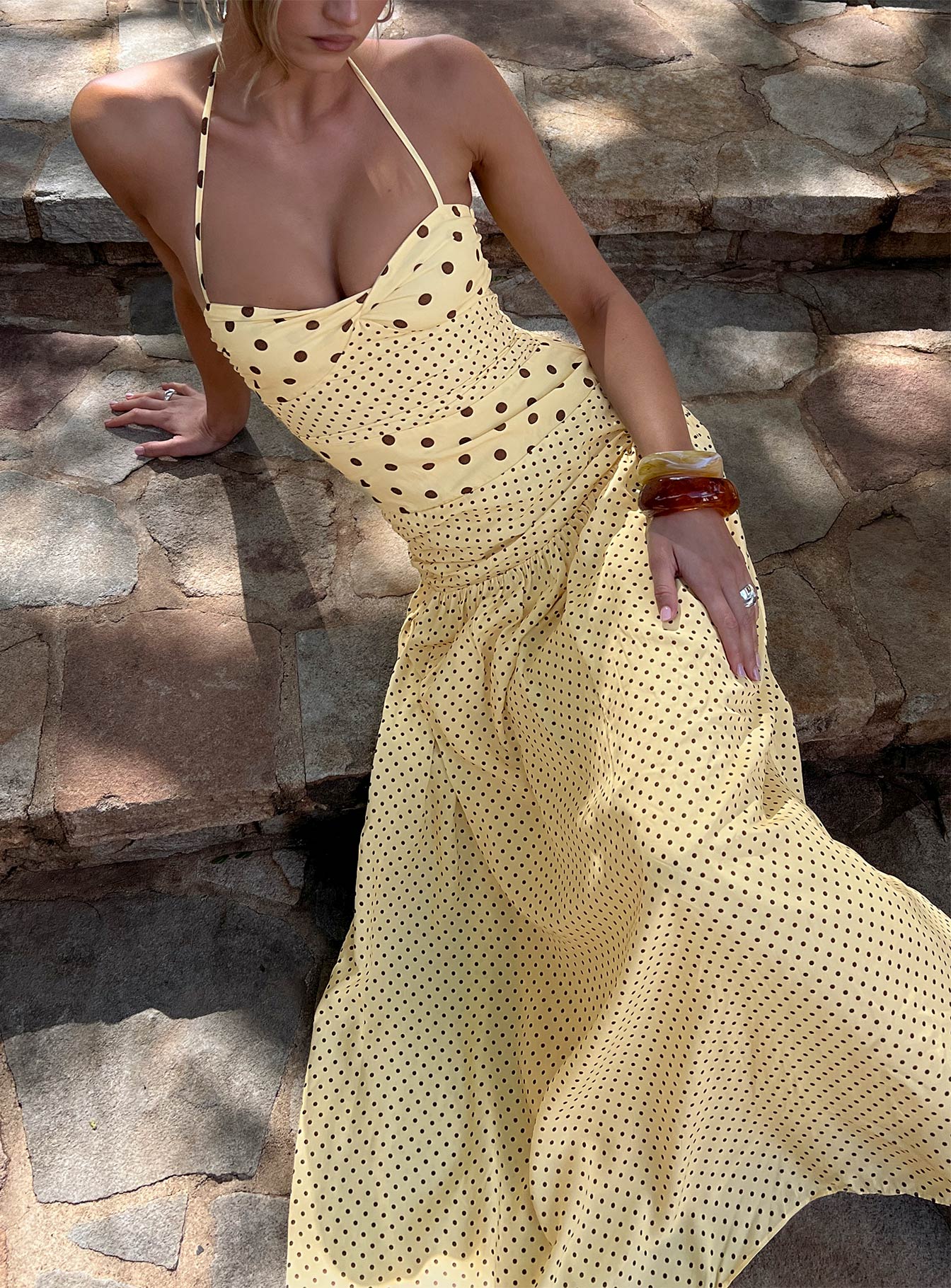 Marguerite Halter Maxi Dress Lemon / Brown Polka Dot