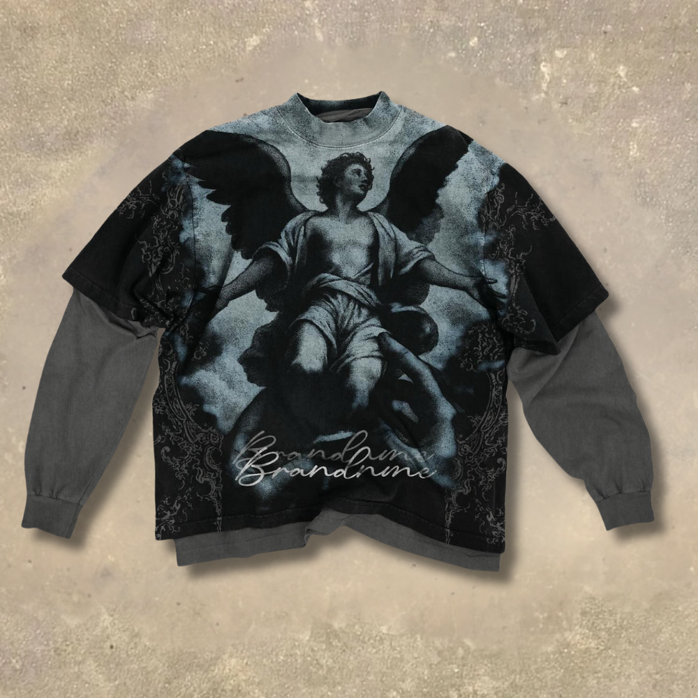 Dark Gothic Angel Print Layered Fake Two-Piece Shirt