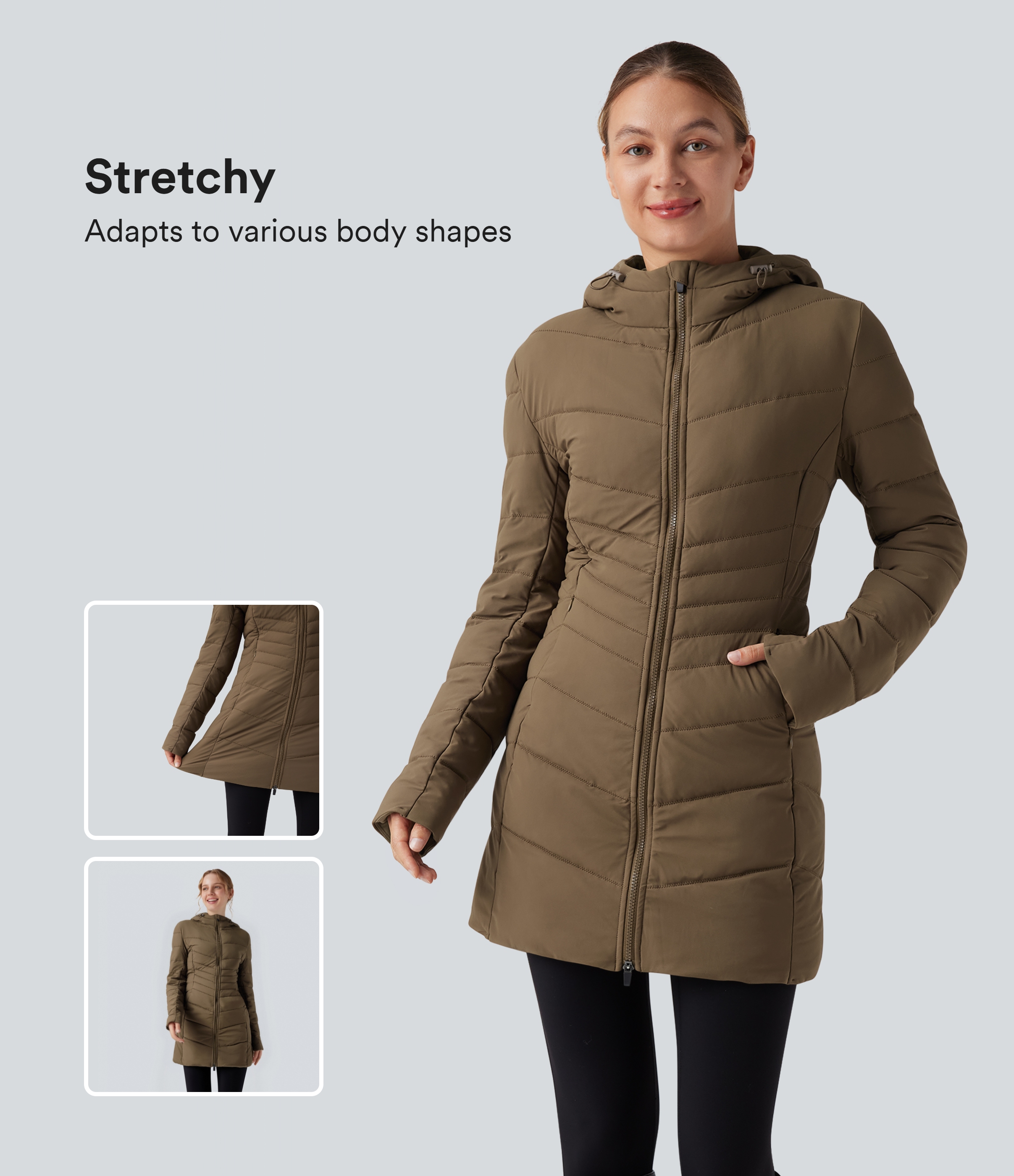 Hooded Longline Stretchy Casual Padded Jacket with Pockets