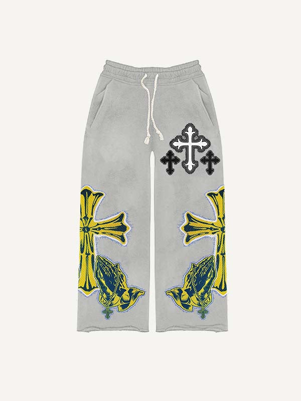 Figure&Pray&Cross Faux Decal Print Elastic Waist Pants