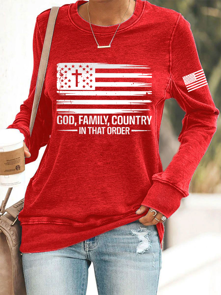 Women's God Family Country In That Order  Flag Print Sweatshirt