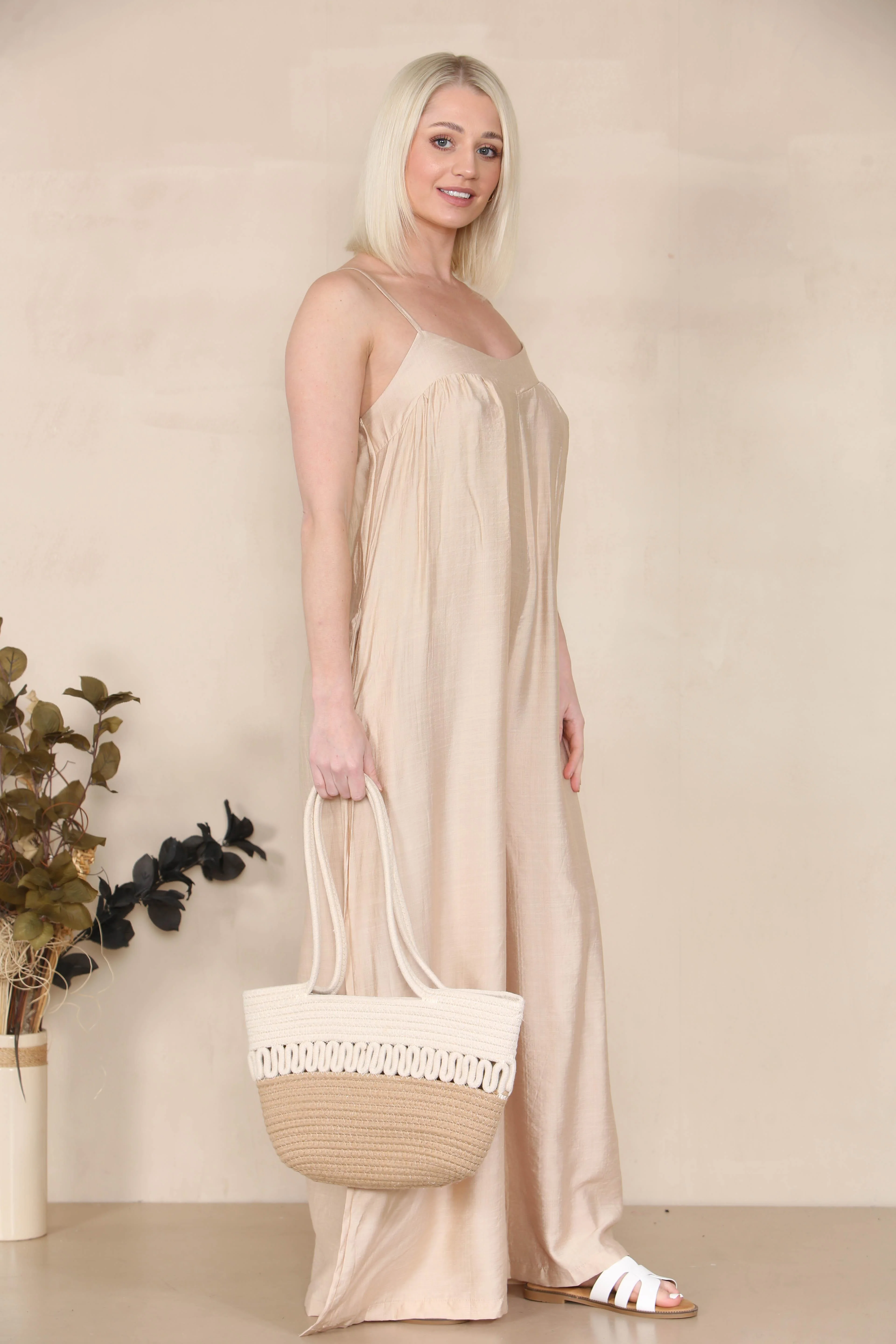 Trendy Solid Spaghetti Strap Ruched Wide Leg Jumpsuit