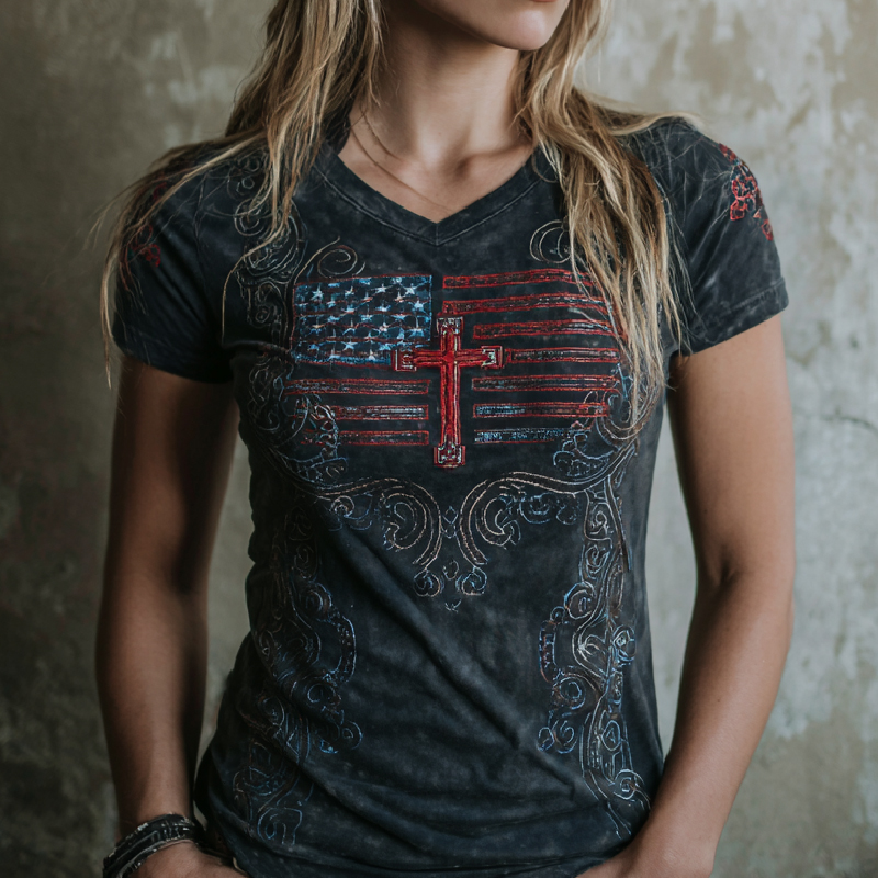 Retro Casual American Flag Cross Faith T-Shirt