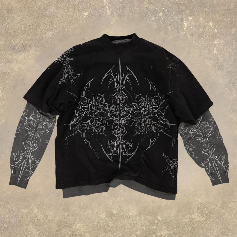 Gothic Cross Tribal Pattern Layered Long Sleeve T-shirt
