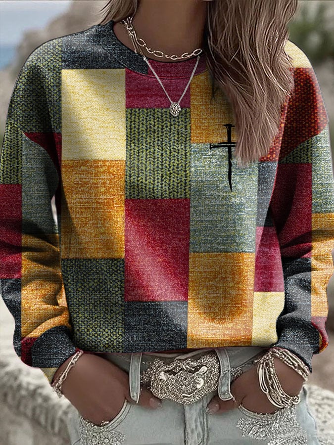 Women's Retro Color Block Faith Print Sweatshirt