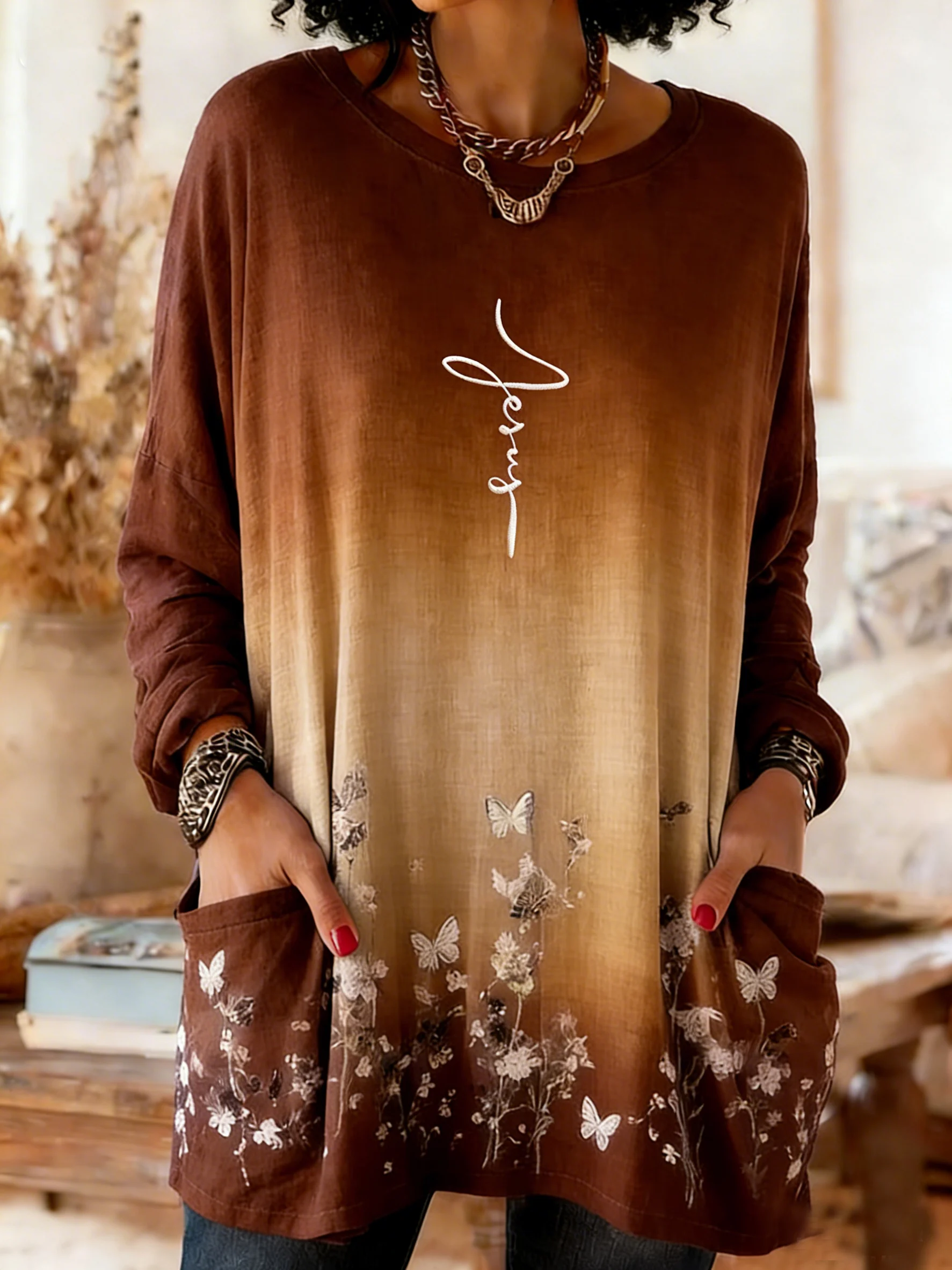 Women's elegant floral round-neck cotton and linen top for winter.-Fast Shipping