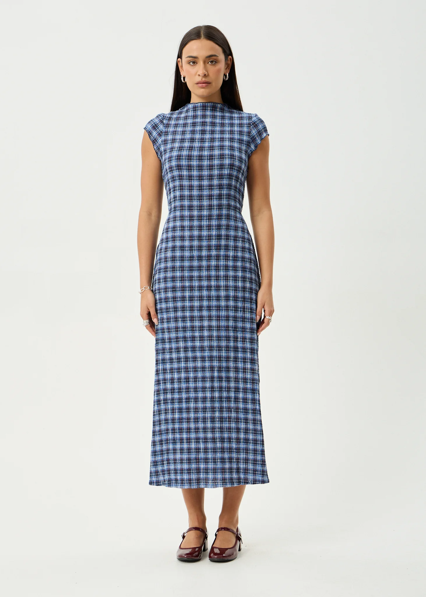 AFENDS Womens Mountains Elodie - Seersucker Midi Dress - Navy Red Check