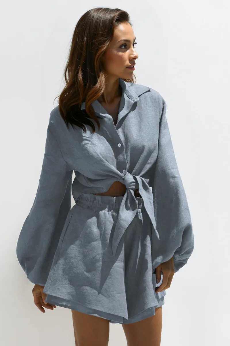 Solid Color Versatile Collared Button-Up Loose Blouse & Flounce Shorts Co-ord