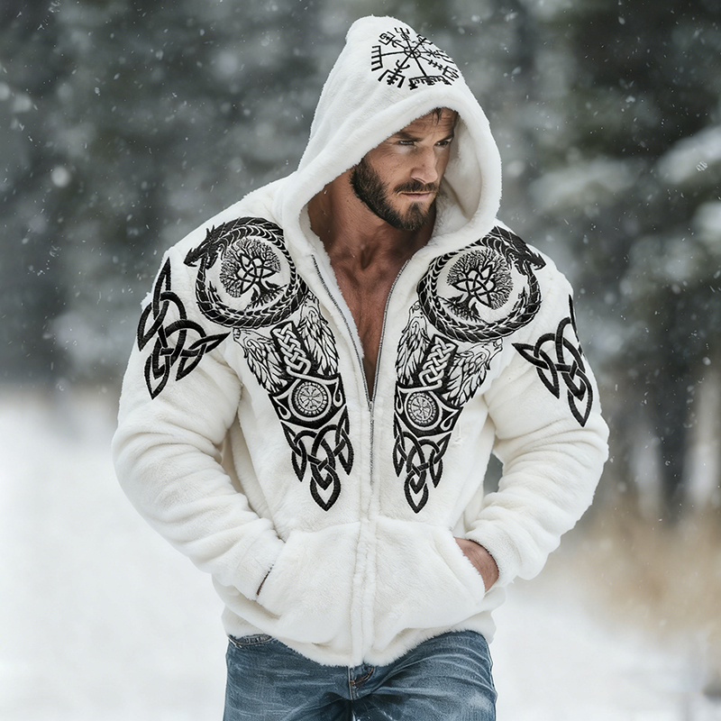 Men's Viking Tribal Jacquard Celtic With Bear Paw Inspired Art Plush Warm Zipped Hooded Jacket