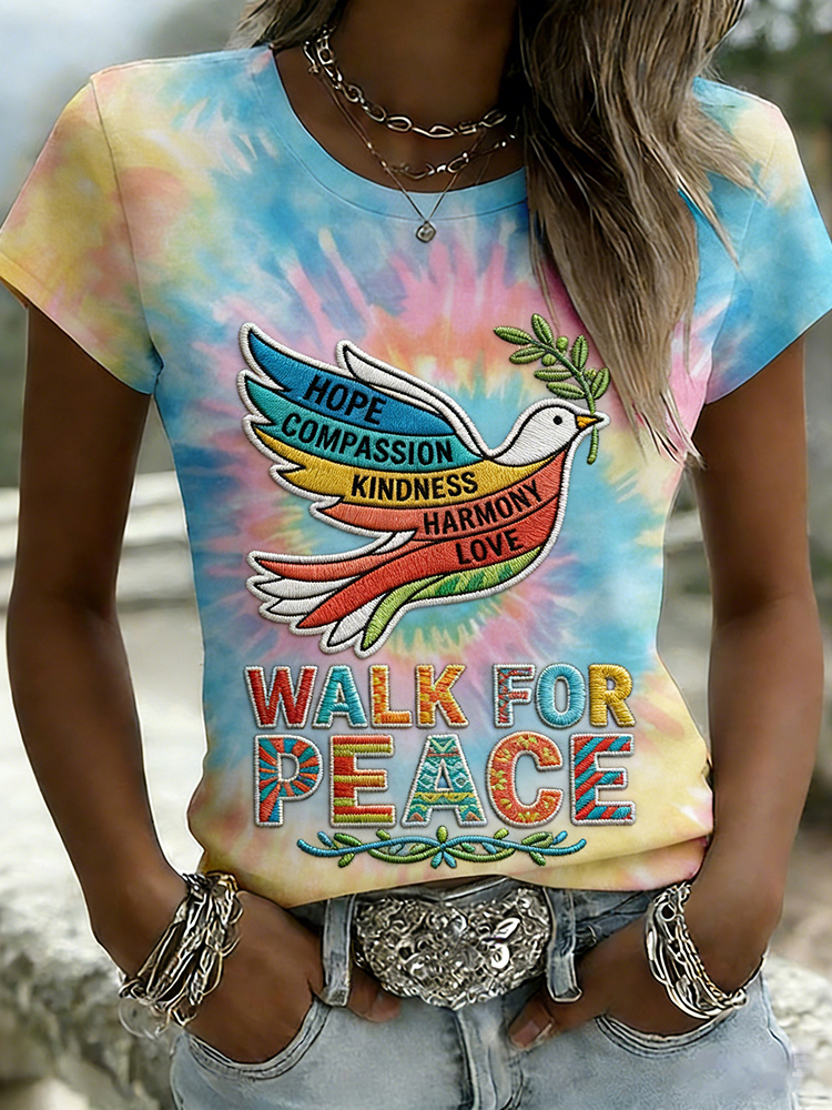 Walk For Peace Slogan Short Sleeve Tie Dye T Shirt