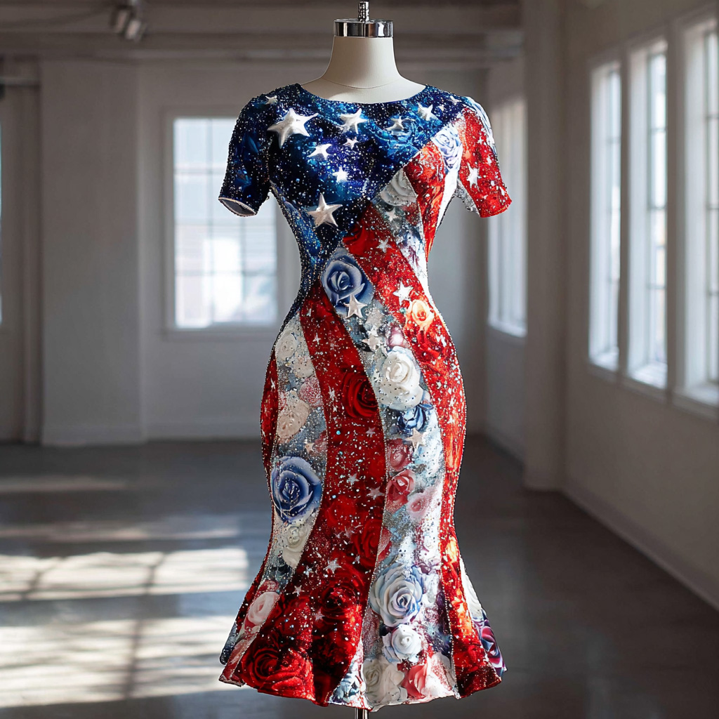 Retro Floral US 250th Anniversary Print Casual Dress