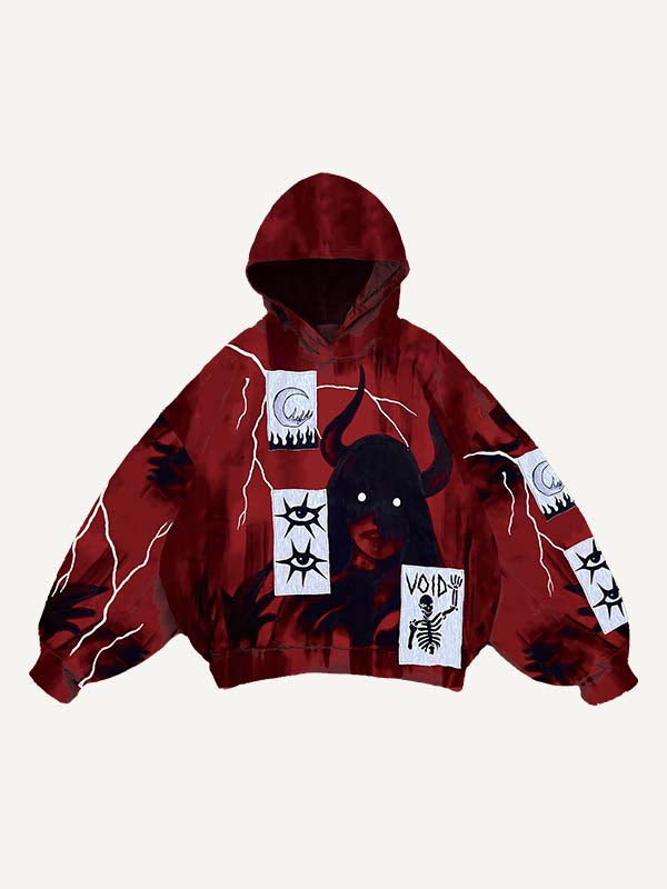 Figure&Eyeball&Wing&Moon&Skeleton&Animal&Graphic Faux Decal Print Slant Pockets Hoodie