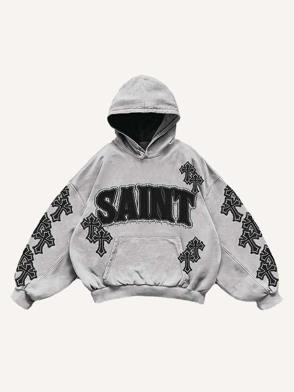 Cross&Letter Faux Decal Print Print Slant Pockets Hoodie