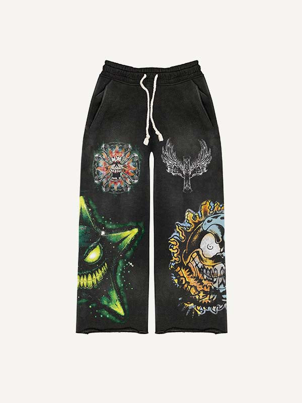 Evil Star&Moon&Sun&Graphic Print Elastic Waist Pants