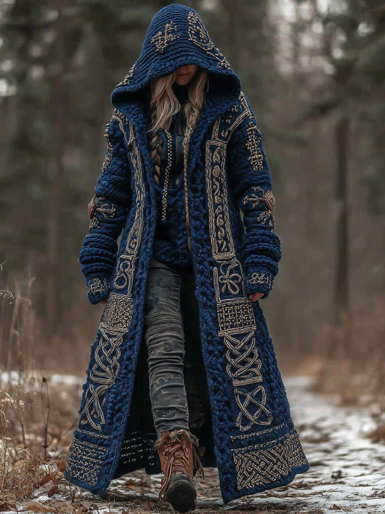 Women's Vintage Viking Celtic Knot Knit Long Sweater Jacket