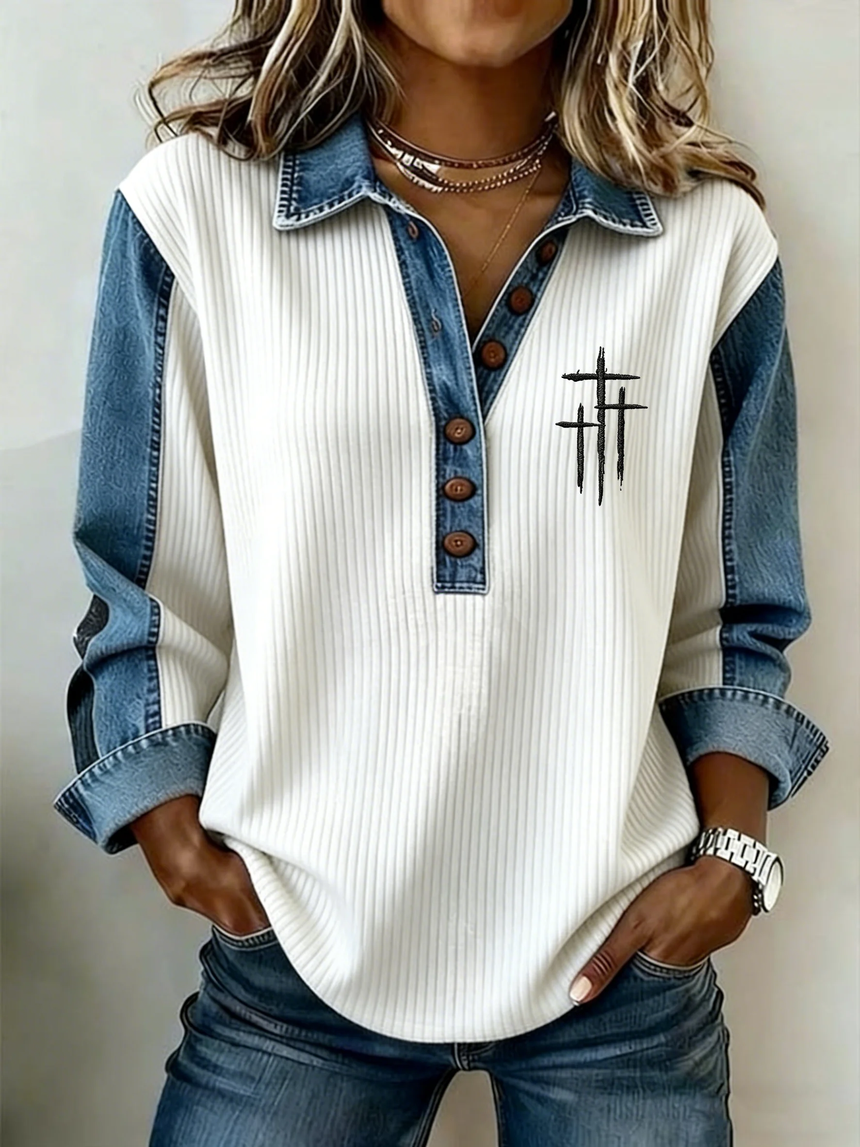 Women's Winter Fashion Casual Faux Denim Print Top-Fast Shipping