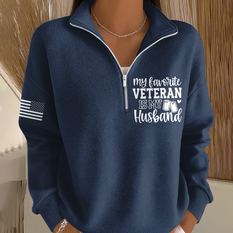 Women's My Favorite Veteran is My Husband Printed Casual Zip-Up Sweatshirt