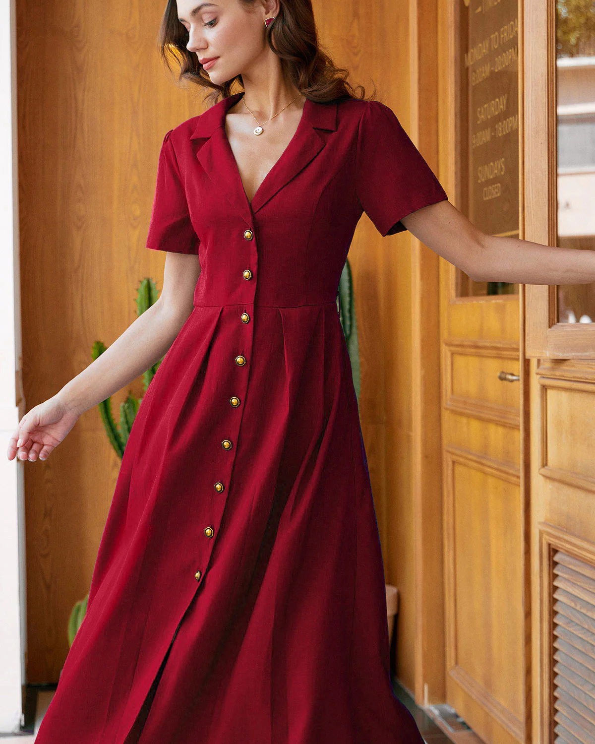 Red A-Line Pleated Button Midi Dress