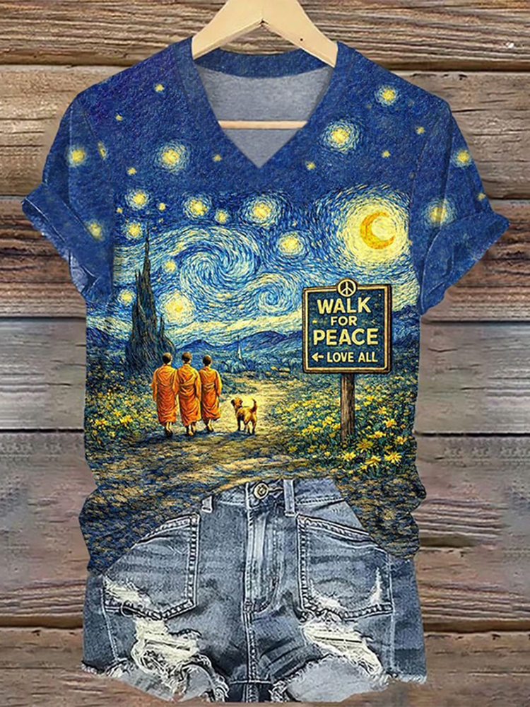 Retro Starry Night Monk And Aloka Dog Print T-shirt