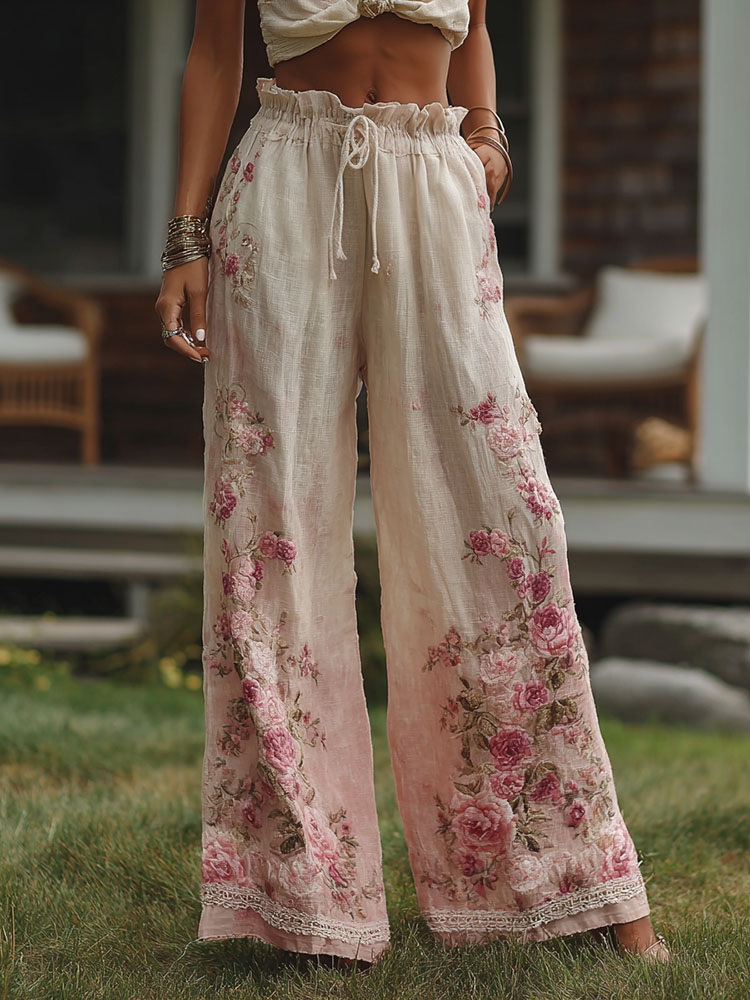 Retro Bohemian Style Pink Rose Gradient Art Casual Cotton And Linen Pants