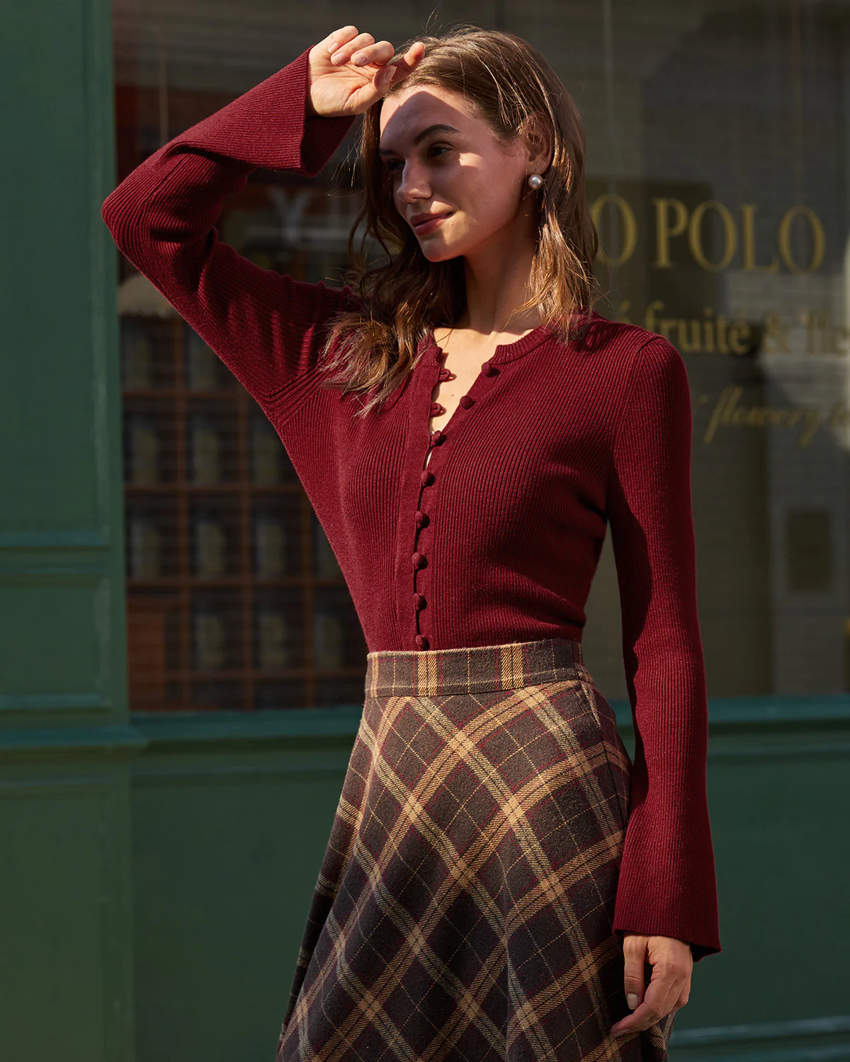 Red Bell Sleeve Ribbed Knit Tee