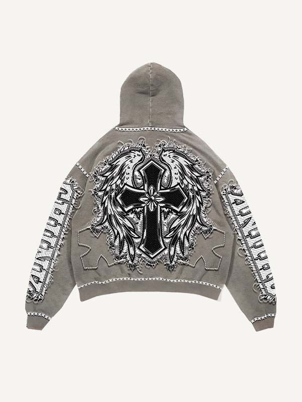 Cross&Wing&Letter Faux Decal Print Slant Pockets Hoodie