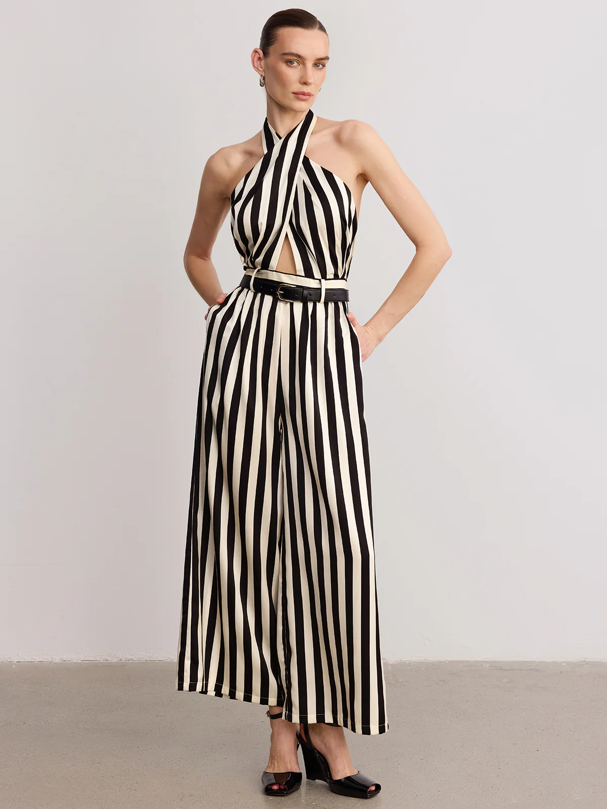 Halter Striped Belted Jumpsuit