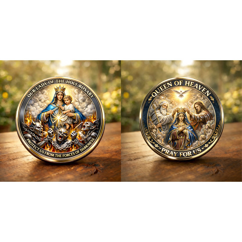 Our Lady of the Rosary Protection Coin – Queen of Heaven Pray For Us Religious Collectible