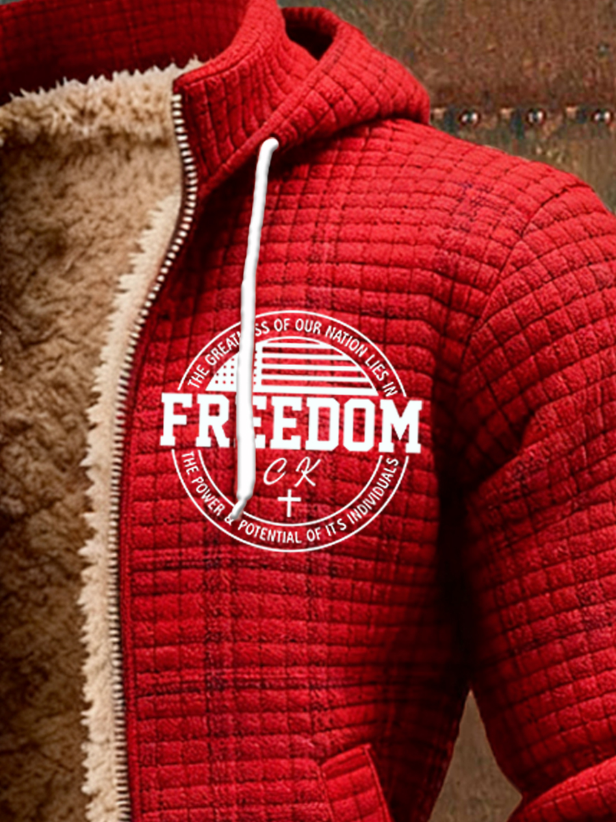 Men's Freedom  Flag Print Plush Zipper Hooded Jacket