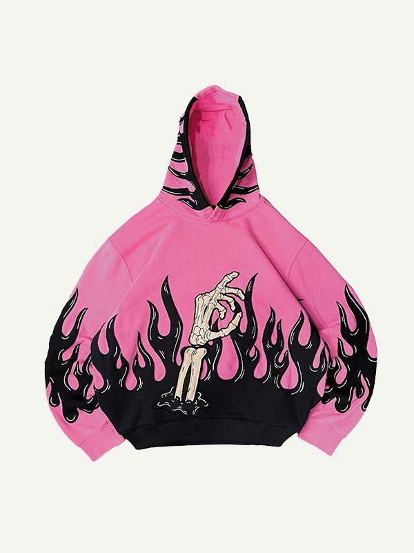Skeleton Palm&Fire Faux Decal Print Slant Pockets Hoodie