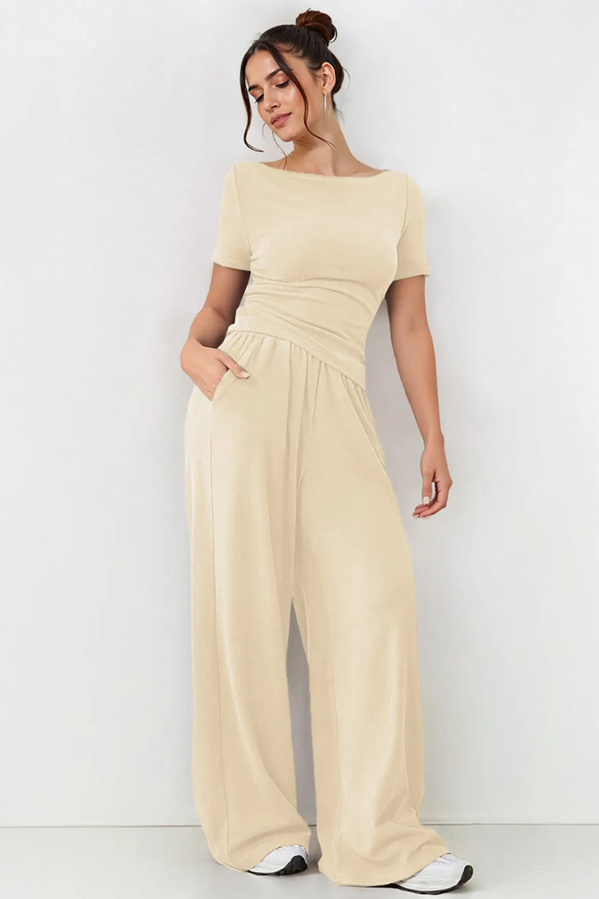 Basic Solid Color Scoop Neck Short Sleeve Slim Top & Wide Leg Pocket Trousers Co-ord