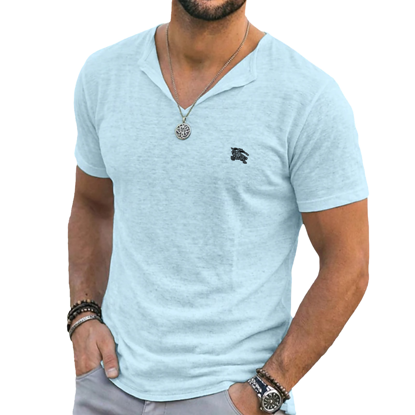 Men's Tee Top Linen T-Shirt Short Sleeves V Neck Summer Plain Fashion Designer Basic Soft Plain Casual Vacation Street Blue Black White Top Tee for Men