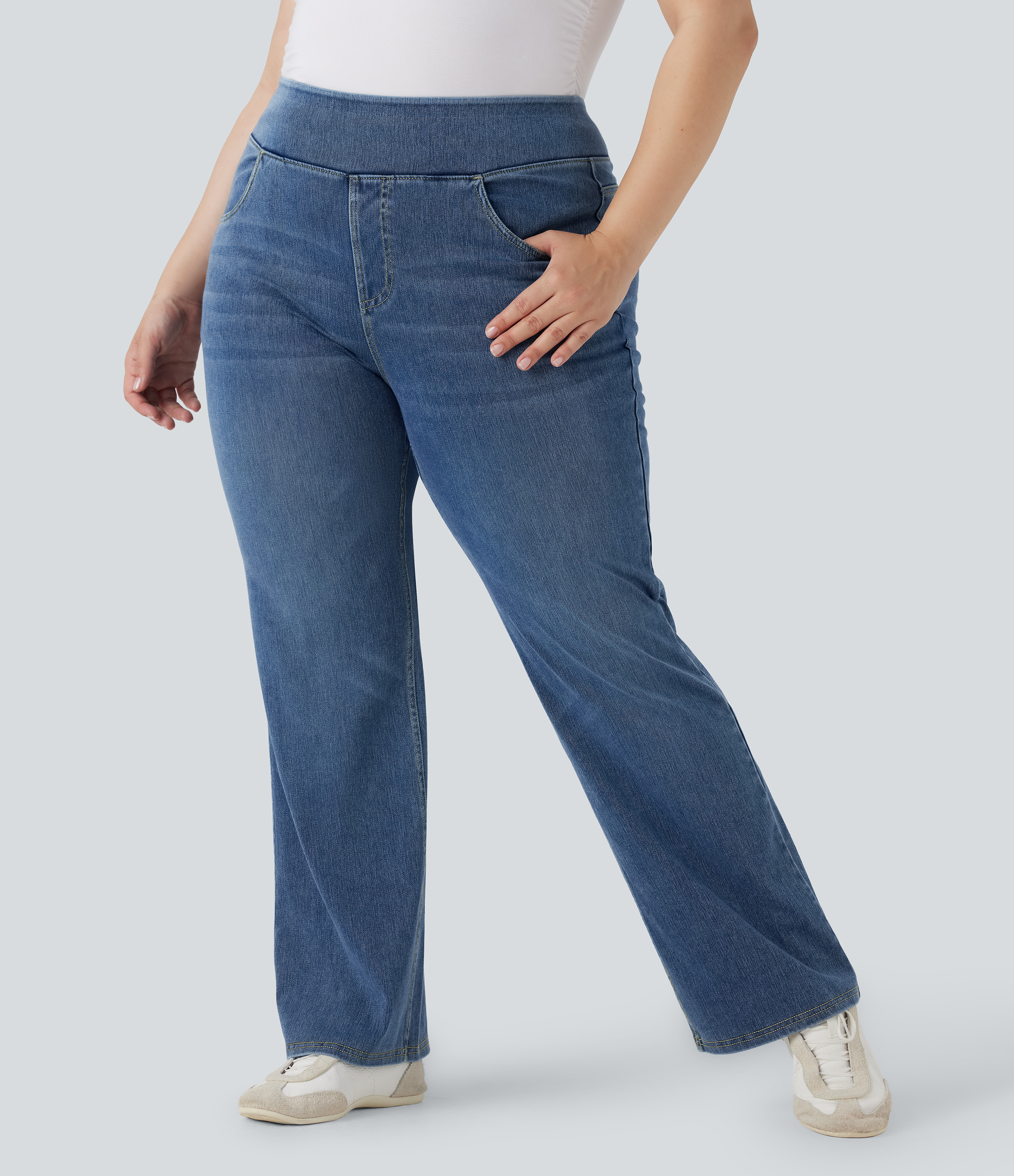 Halara Flex™ High Waisted Pockets Washed Casual Bootcut Plus Size Jeans