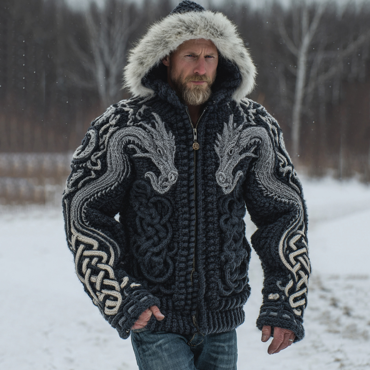 Men's Viking Celtic Dragon Art Cozy Fur Collar Knit Hooded Sweater Jacket