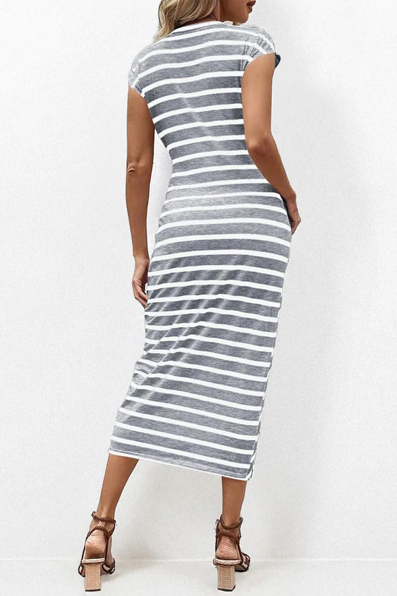 Summer Elegant Color Matching Stripe Knotted Slinky Maxi Dress