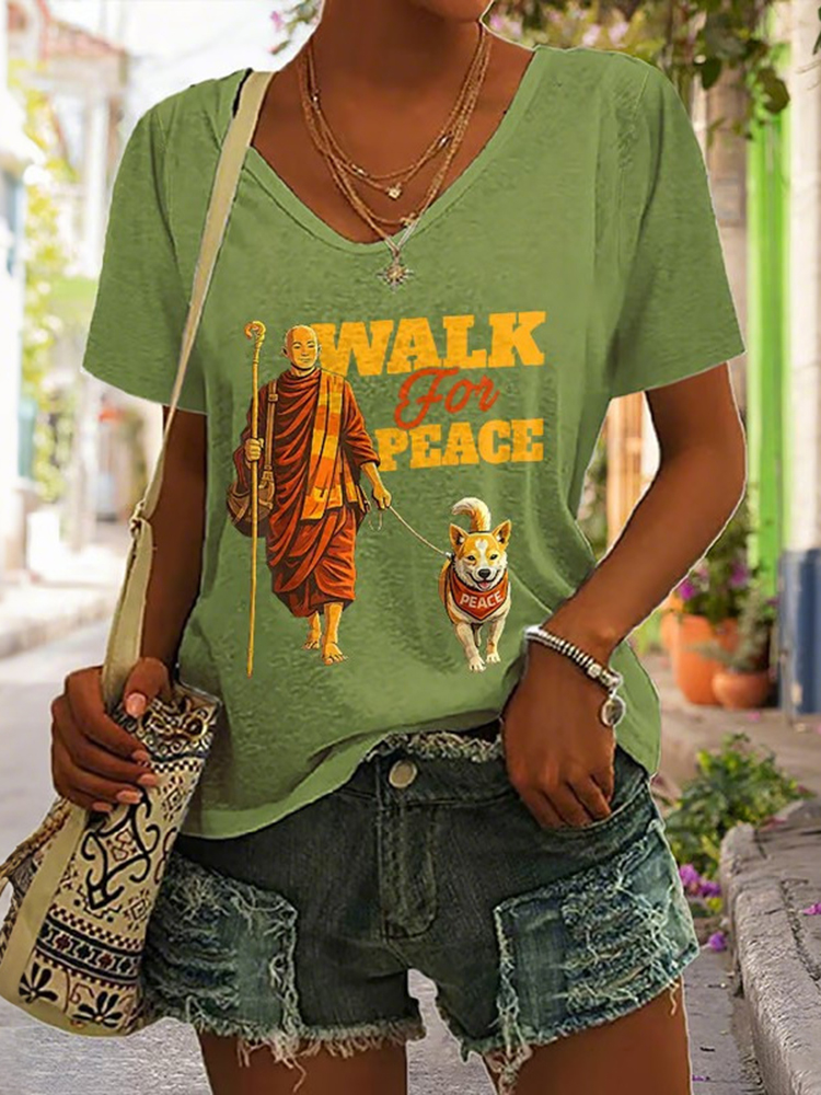 Women's Vintage Walk For Peace Monks With Aloka Dog Print V Neck T-shirt