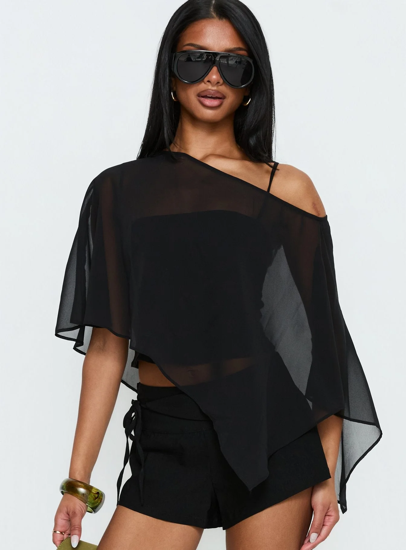 Senzo Chiffon Poncho Top Black