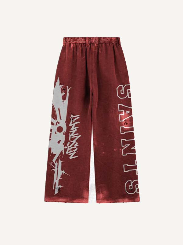 Graphic&Letter Print Elastic Waist Pants