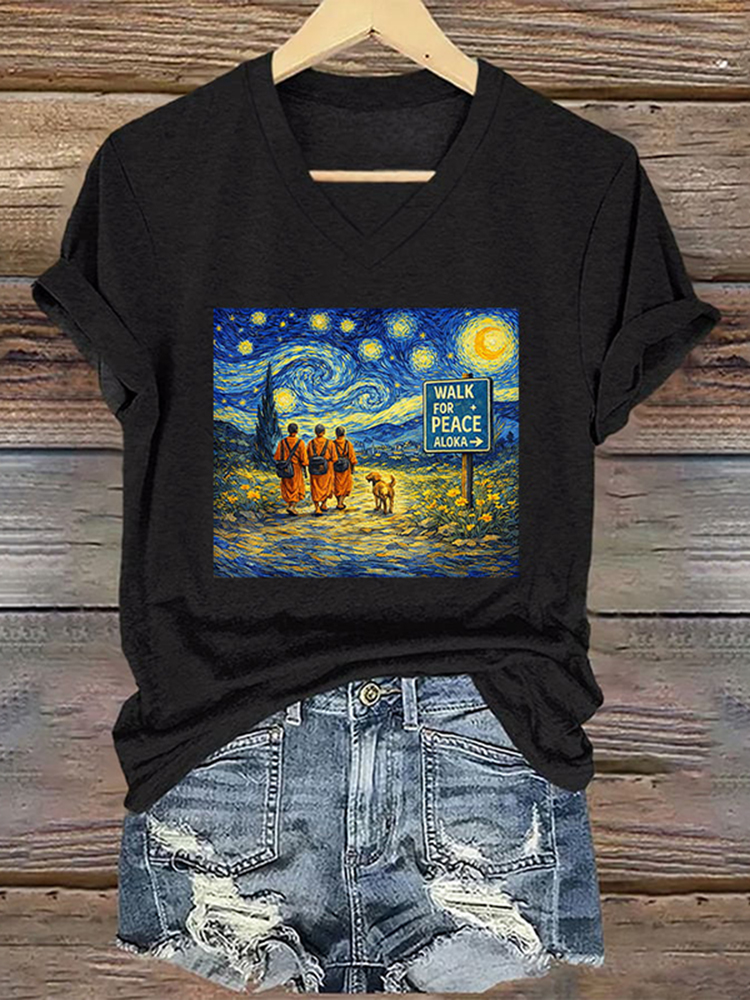 Retro Peace Walking Monk And Aroka Dog Print T-shirt