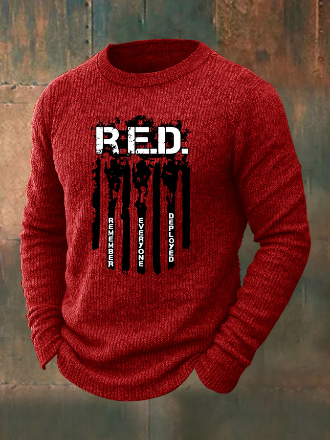 Men's  RED Friday Remember Everyone Deployed  Pattern  Wool Blend Classic Crew Neck Sweater
