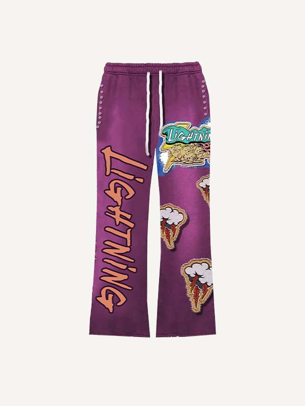 Cloud&Lightning&Graphic&Letter Faux Decal Print Elastic Waist Pants