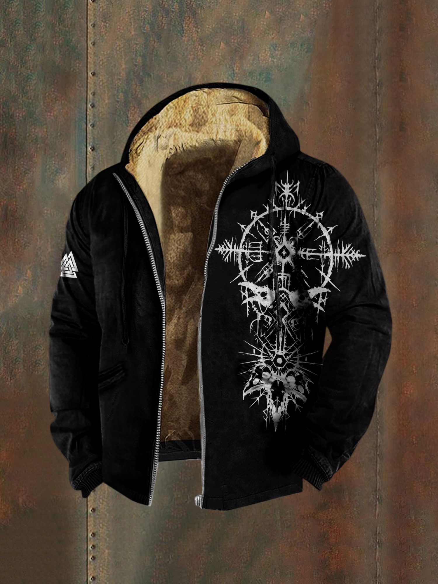 Men's Viking Crow Bones Runes Pattern Zipper Jacket