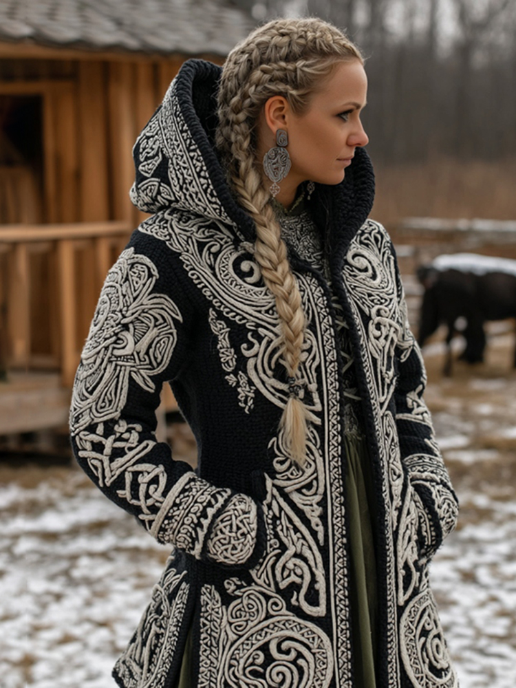 Women's Vintage Viking Celtic Knit Cozy Zipper Pocket Sweater Jacket