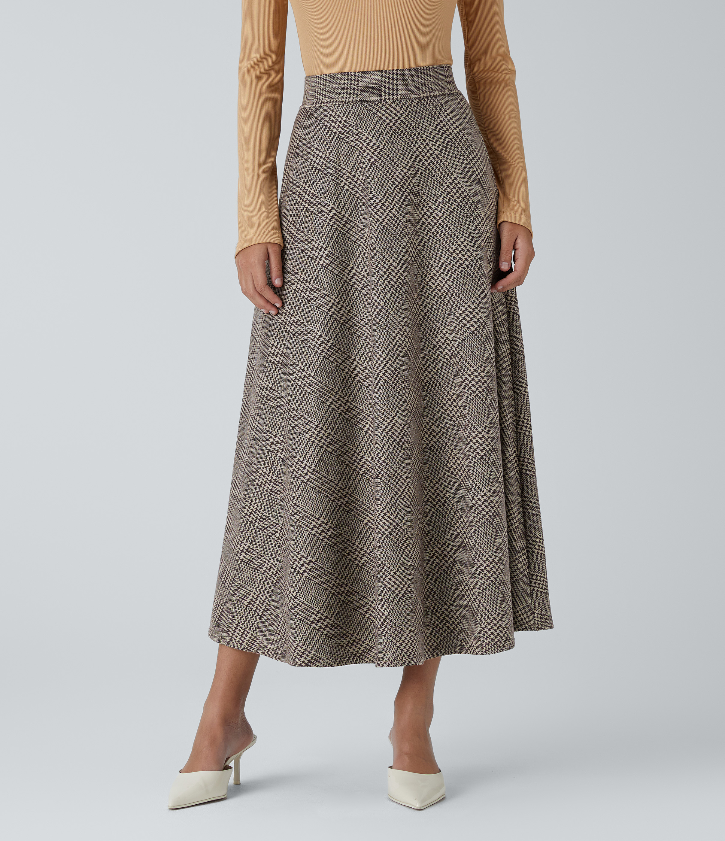 High Waisted Pocket Houndstooth Plaid Flare Midi Casual Skirt