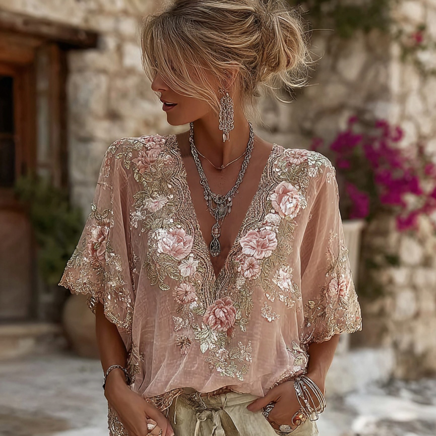 Women's Pink Flower Embroidered Art V-neck Short Sleeve Linen Blend T-shirt