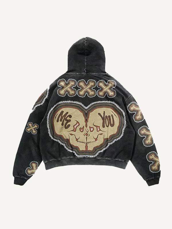 Die For You Skull&Cross Faux Decal Print Slant Pockets Hoodie