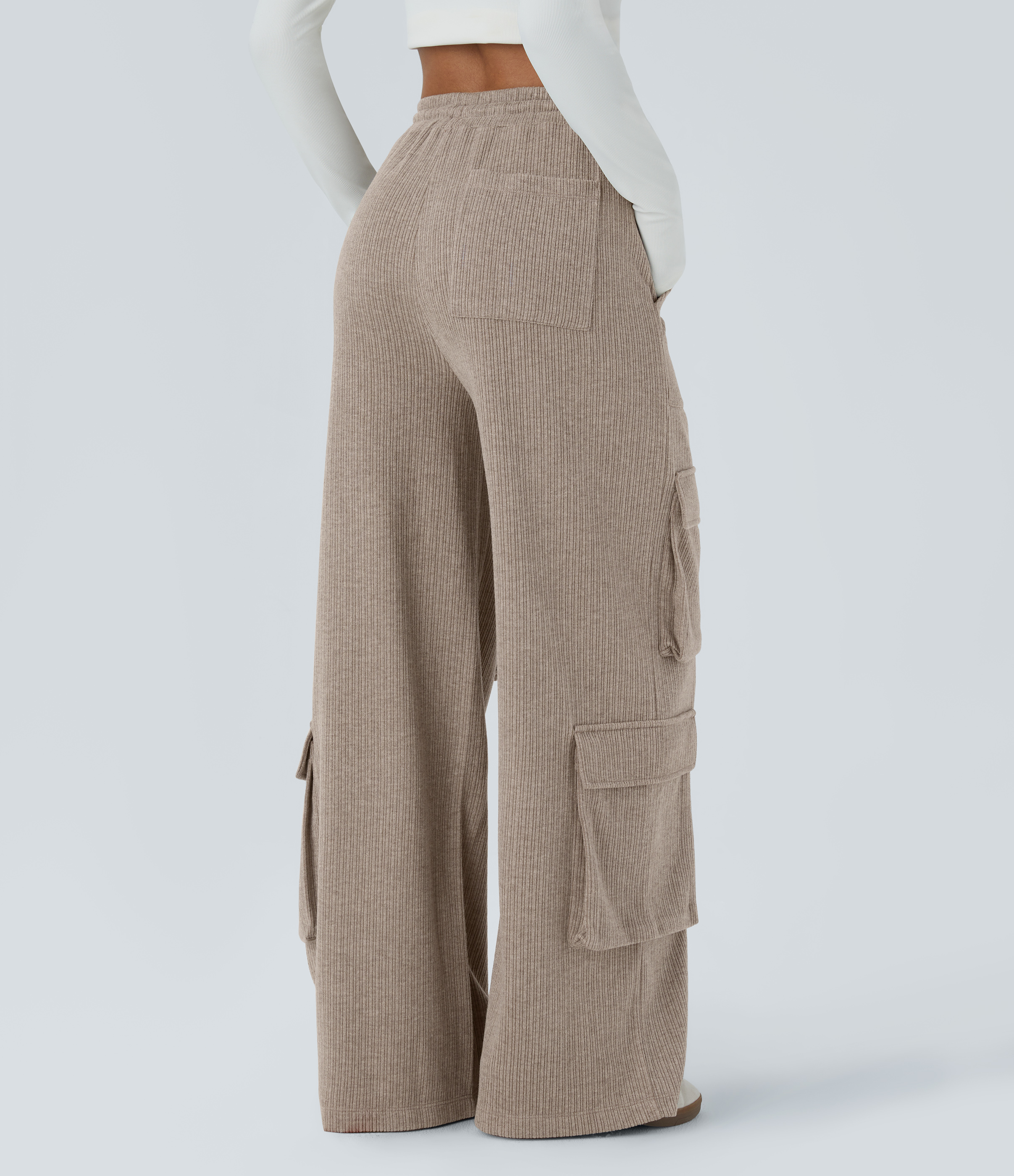 Ribbed Mid Rise Drawstring Pockets Wide Leg Cargo Casual Pants