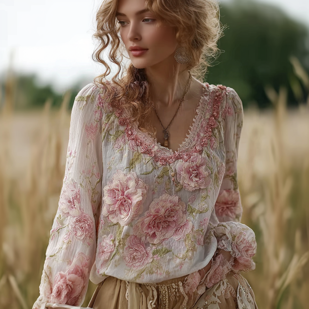 Bohemian Retro Countryside Style Plant Flower Design Cotton And Linen Women's Long-sleeve Shirt