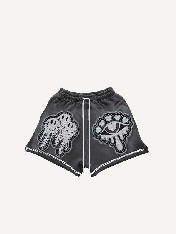 Smiley Face&Eye&Heart Faux Decal Print Drawstring Waist Shorts